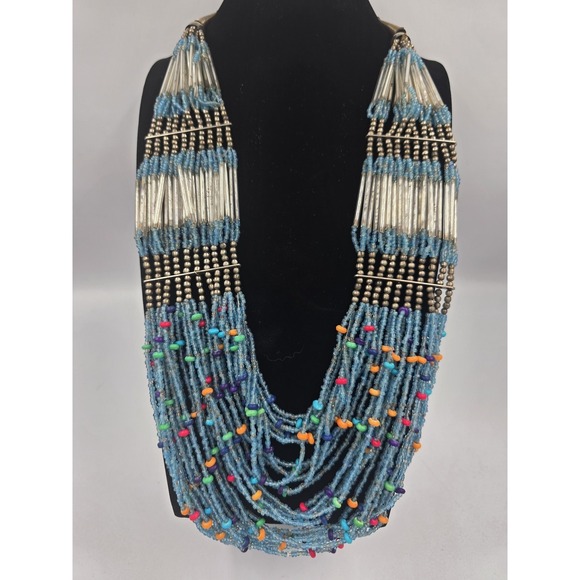 The Unbranded Brand Jewelry - Ethnic Tribal Style Beaded Multistrand Statement Necklace Blue Silver Tone